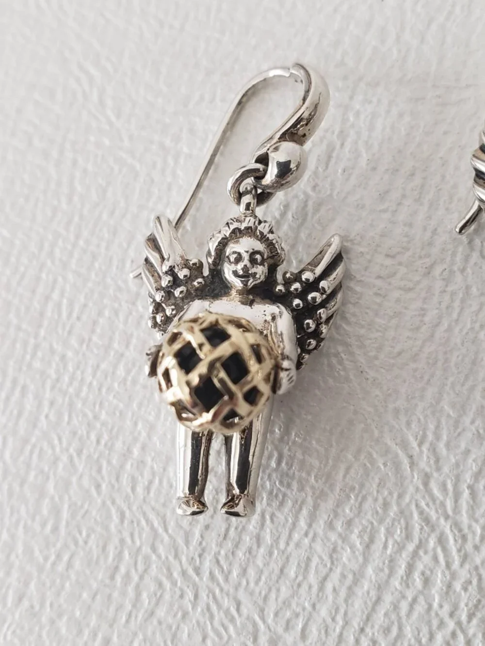 Barry Kieselstein Cord Vintage 14K Gold & Silver Cherub Orb Dangle Earrings